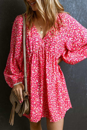 Go Easy V-Neck Long Sleeve Floral Mini Dress - MXSTUDIO.COM