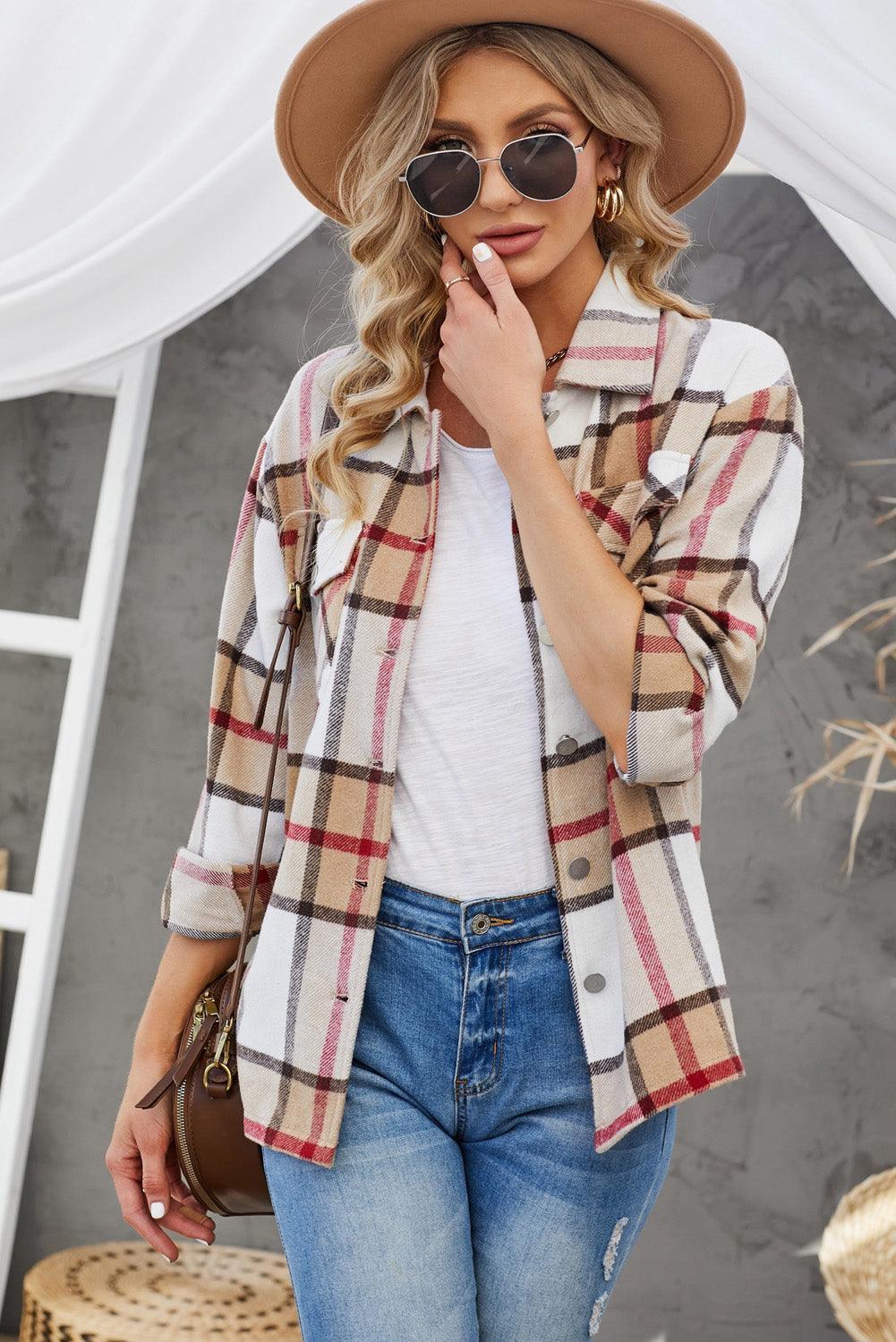 Go-To Layer Buttoned Collared Plaid Shacket - MXSTUDIO.COM