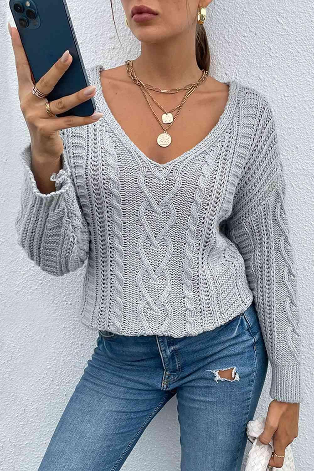 Go-To Style V Neck Cable Knit Sweater-MXSTUDIO.COM