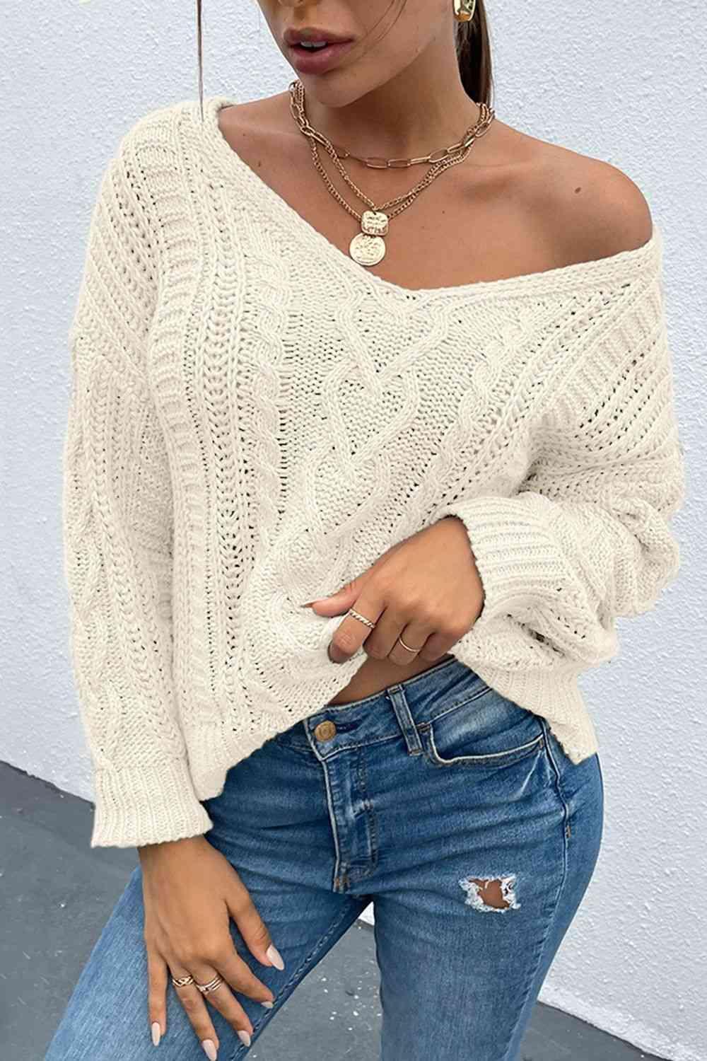 Go-To Style V Neck Cable Knit Sweater-MXSTUDIO.COM