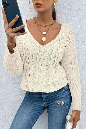 Go-To Style V Neck Cable Knit Sweater-MXSTUDIO.COM