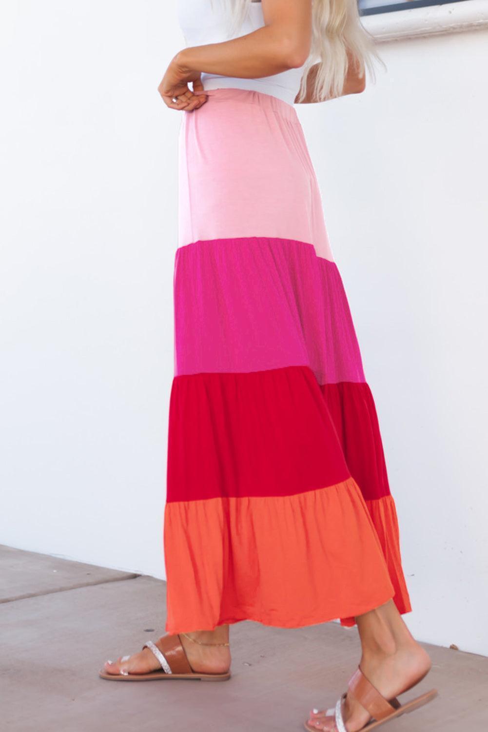 Go With The Flow Tiered Color Block Maxi Skirt - MXSTUDIO.COM