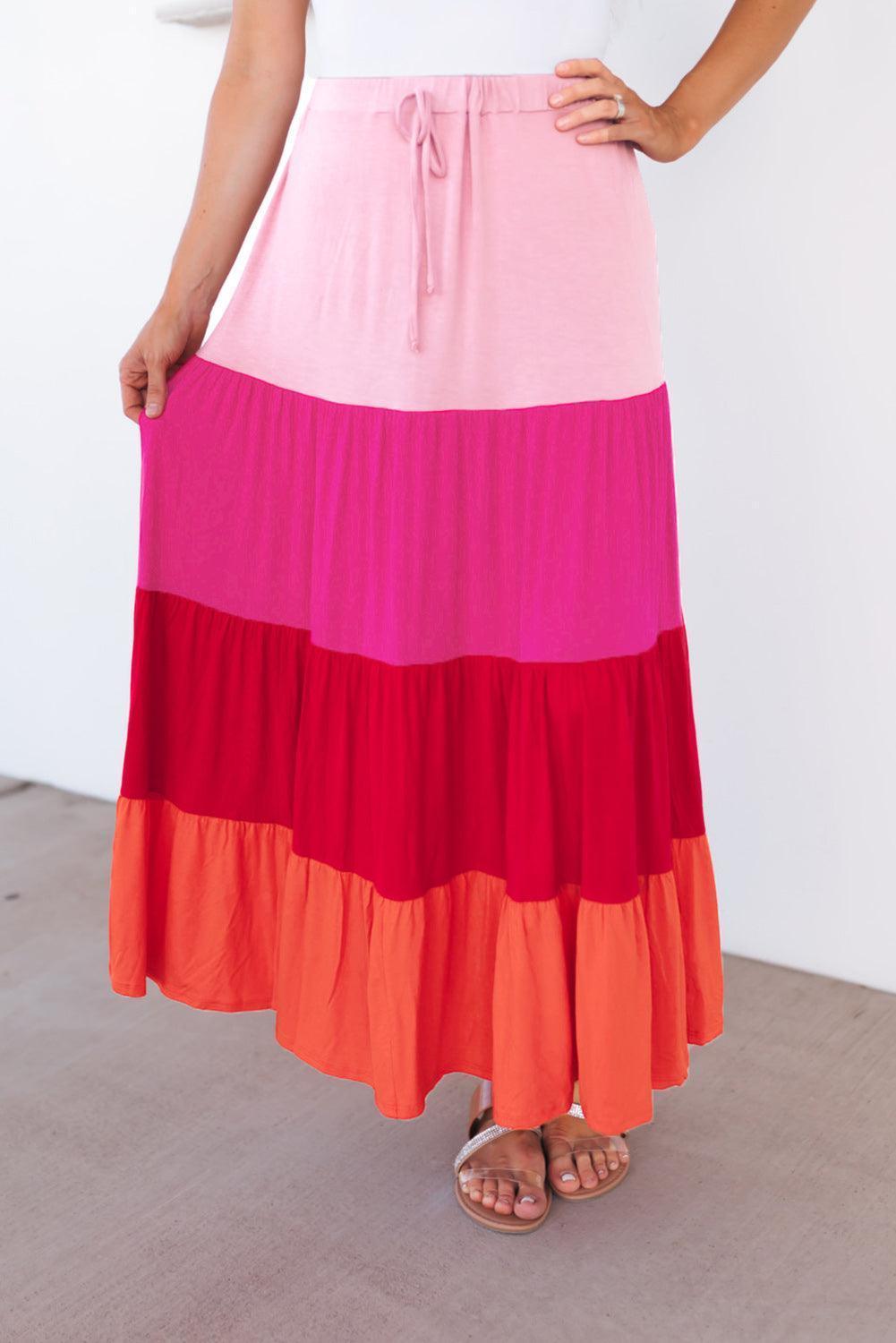 Go With The Flow Tiered Color Block Maxi Skirt - MXSTUDIO.COM