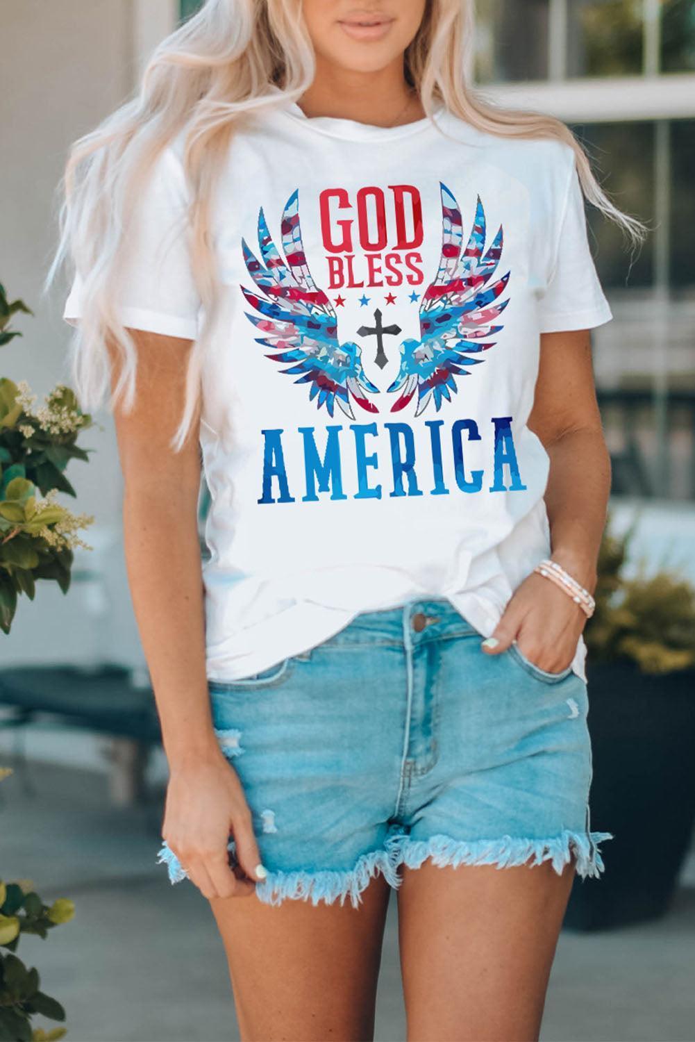 God Bless America Cuffed White Graphic Tee Shirt - MXSTUDIO.COM