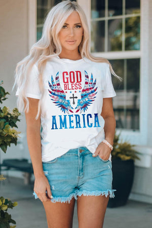 God Bless America Cuffed White Graphic Tee Shirt - MXSTUDIO.COM