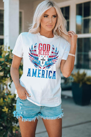 God Bless America Cuffed White Graphic Tee Shirt - MXSTUDIO.COM