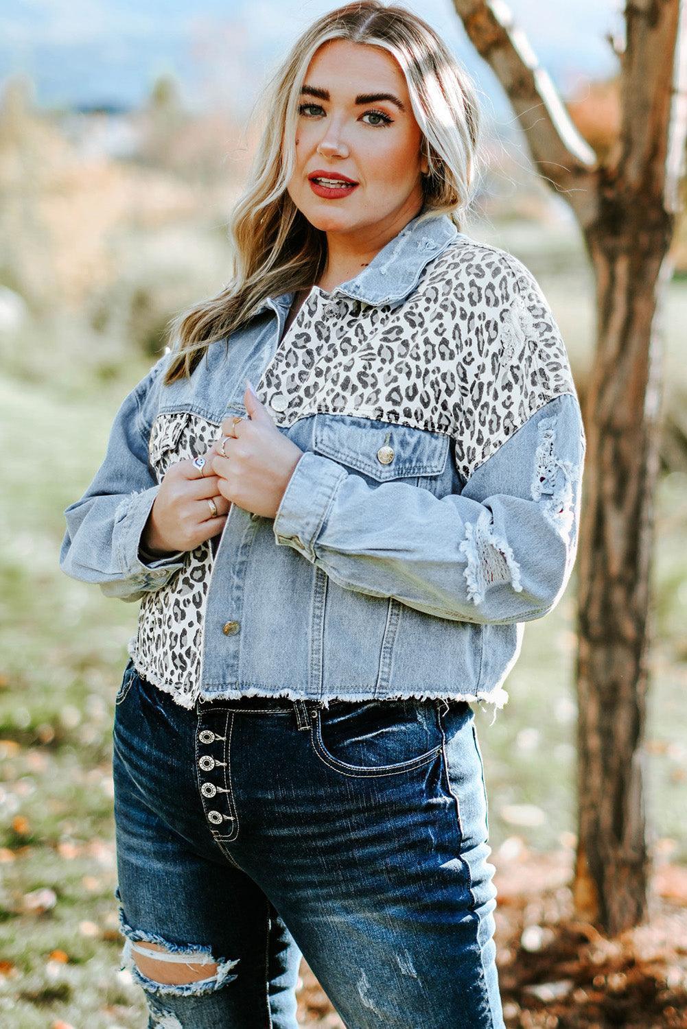 Going Wild Plus Size Animal Print Distressed Denim Jacket - MXSTUDIO.COM