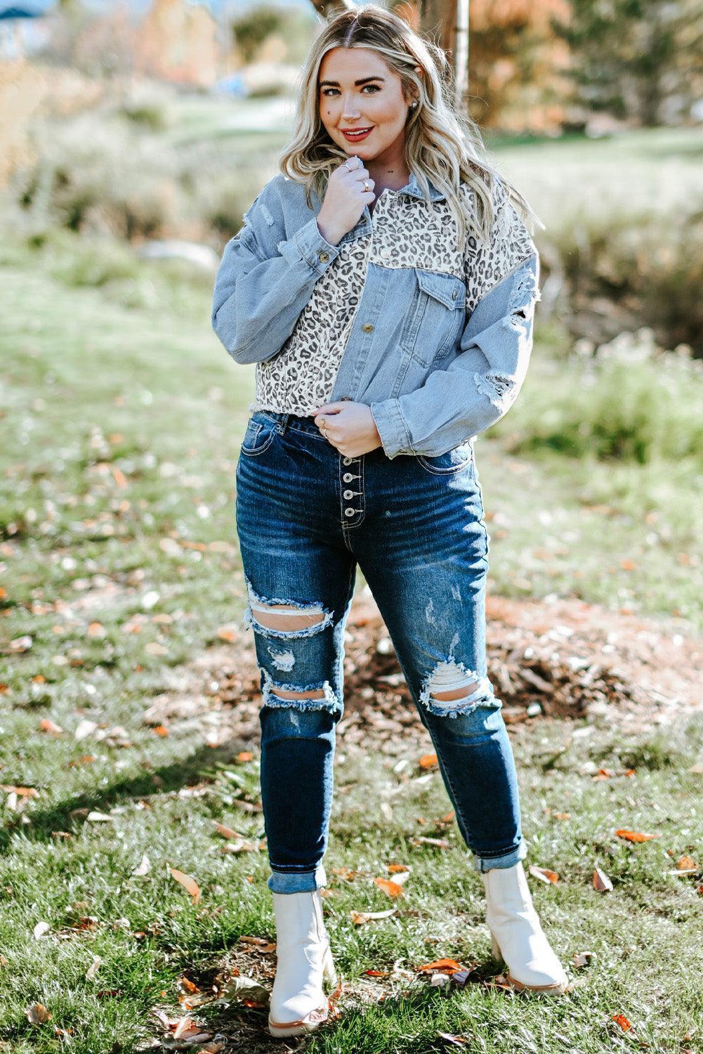 Going Wild Plus Size Animal Print Distressed Denim Jacket - MXSTUDIO.COM