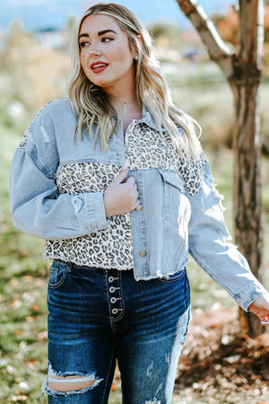 Going Wild Plus Size Animal Print Distressed Denim Jacket - MXSTUDIO.COM