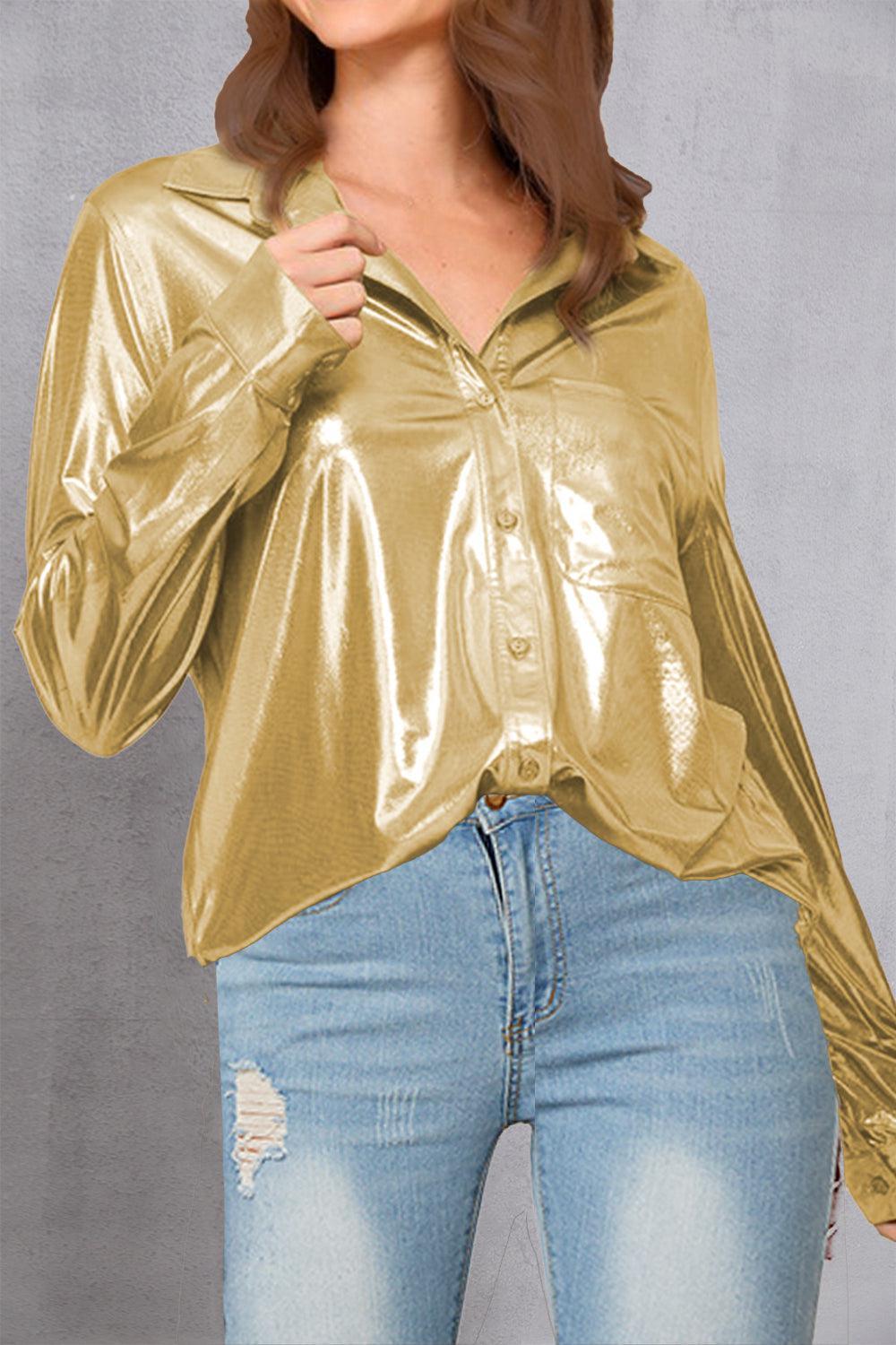 a woman wearing a gold shirt and ripped jeans