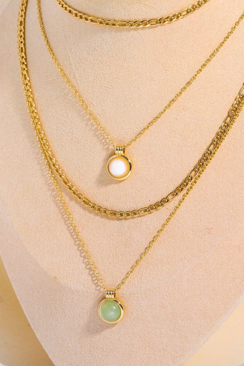 Gold Plated Layered Chain Round Aventurine Necklace - MXSTUDIO.COM