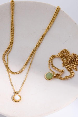 Gold Plated Layered Chain Round Aventurine Necklace - MXSTUDIO.COM