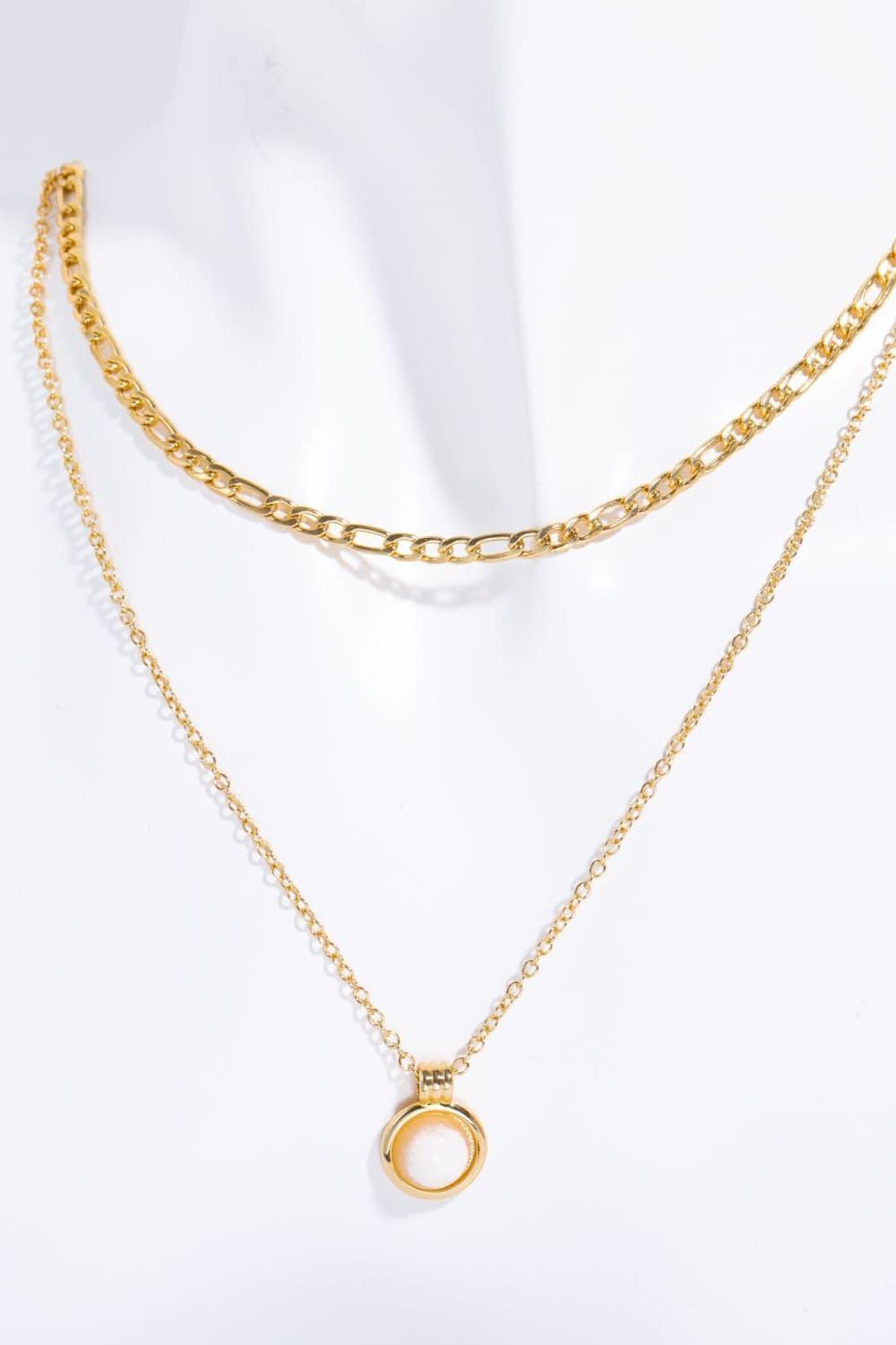 Gold Plated Layered Chain Round Aventurine Necklace - MXSTUDIO.COM