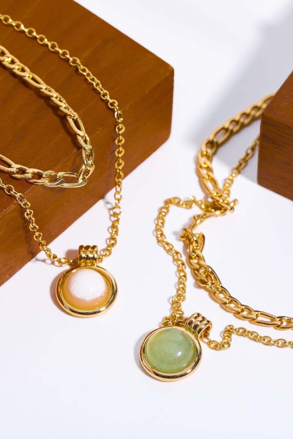 Gold Plated Layered Chain Round Aventurine Necklace - MXSTUDIO.COM