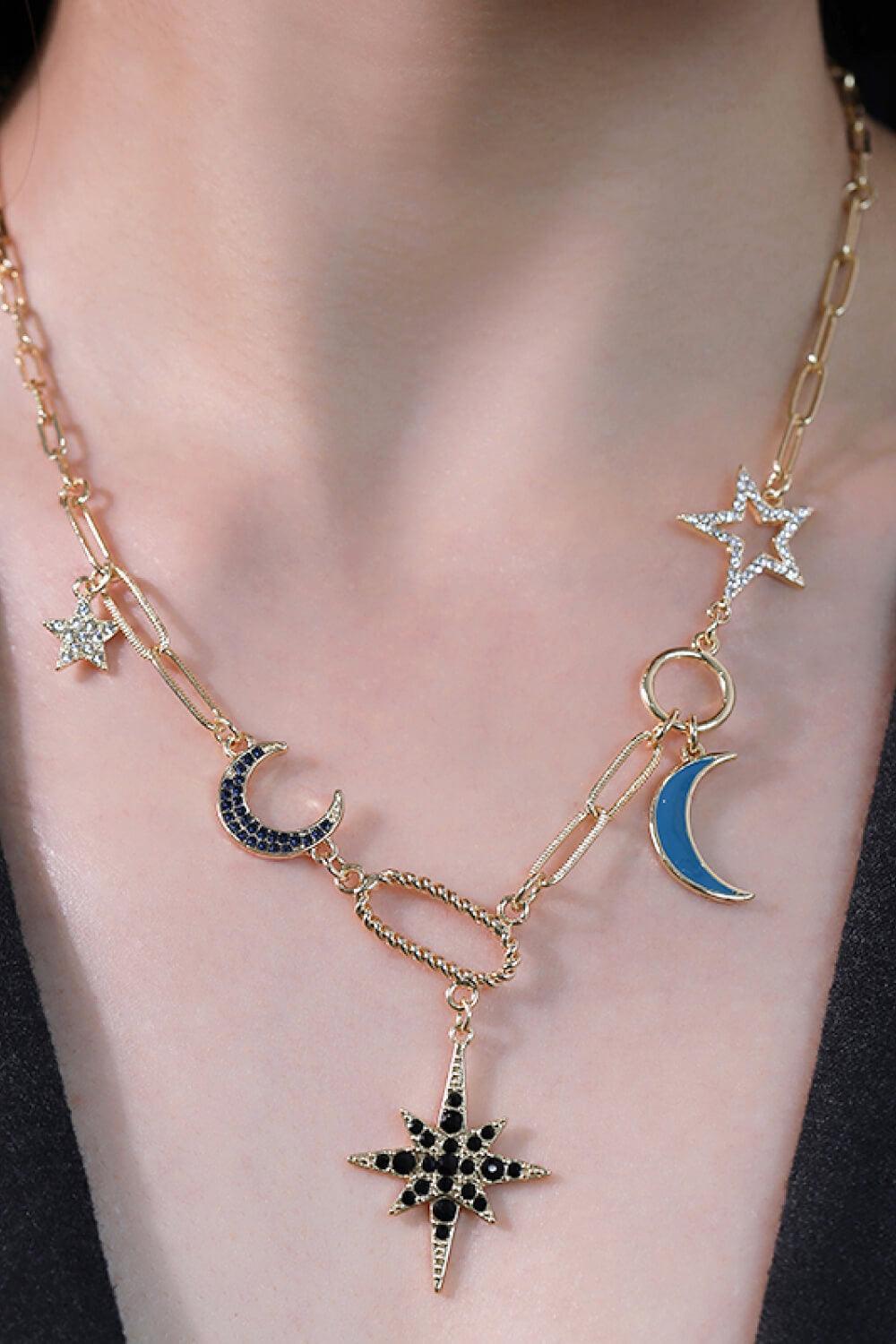 Gold Plated Rhinestone Accent Moon And Star Necklace - MXSTUDIO.COM