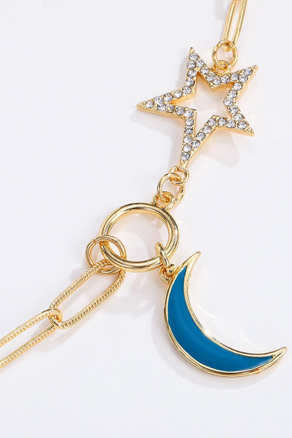 Gold Plated Rhinestone Accent Moon And Star Necklace - MXSTUDIO.COM