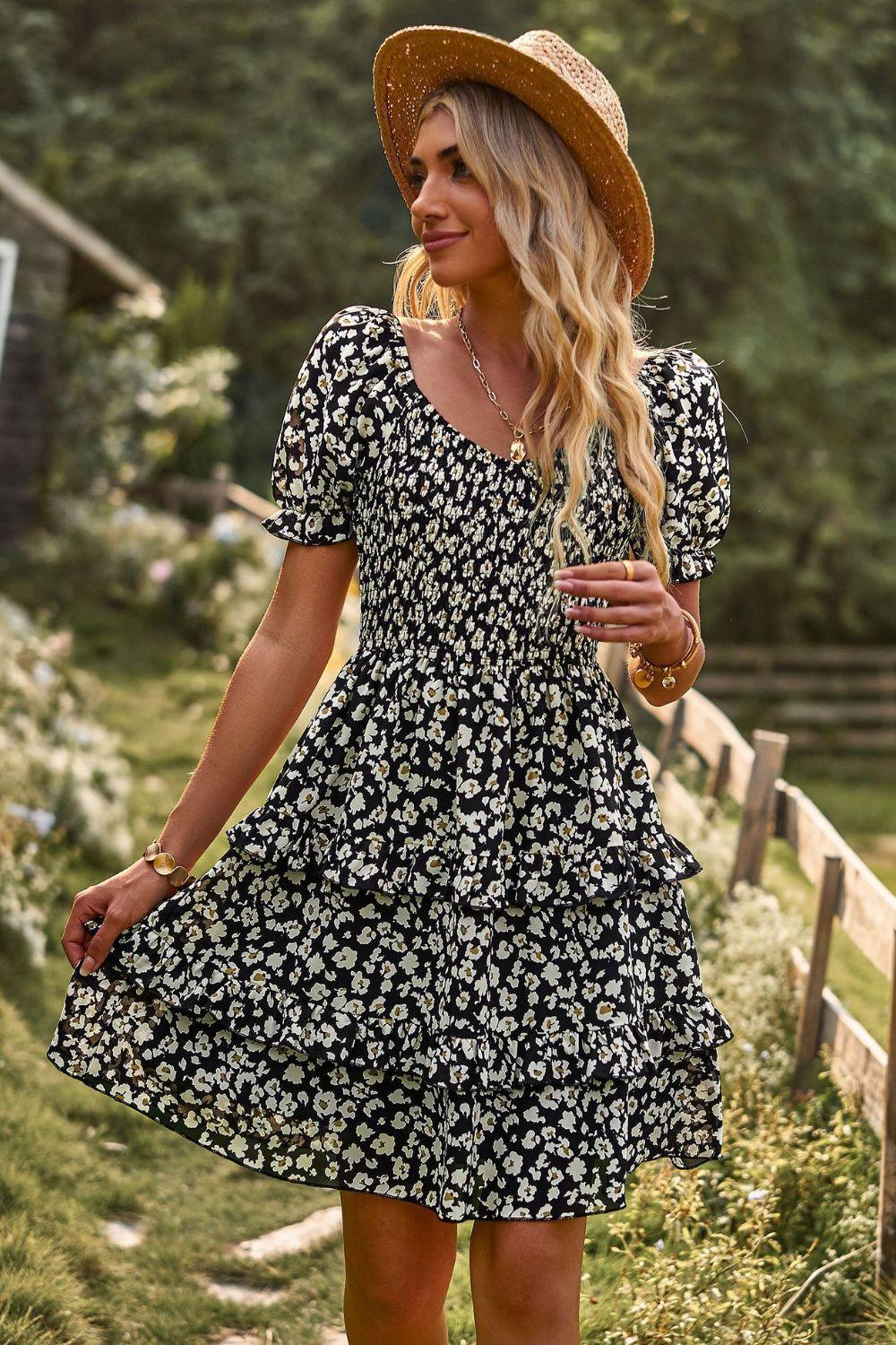 Good Days Layered Floral Smocked Mini Dress - MXSTUDIO.COM