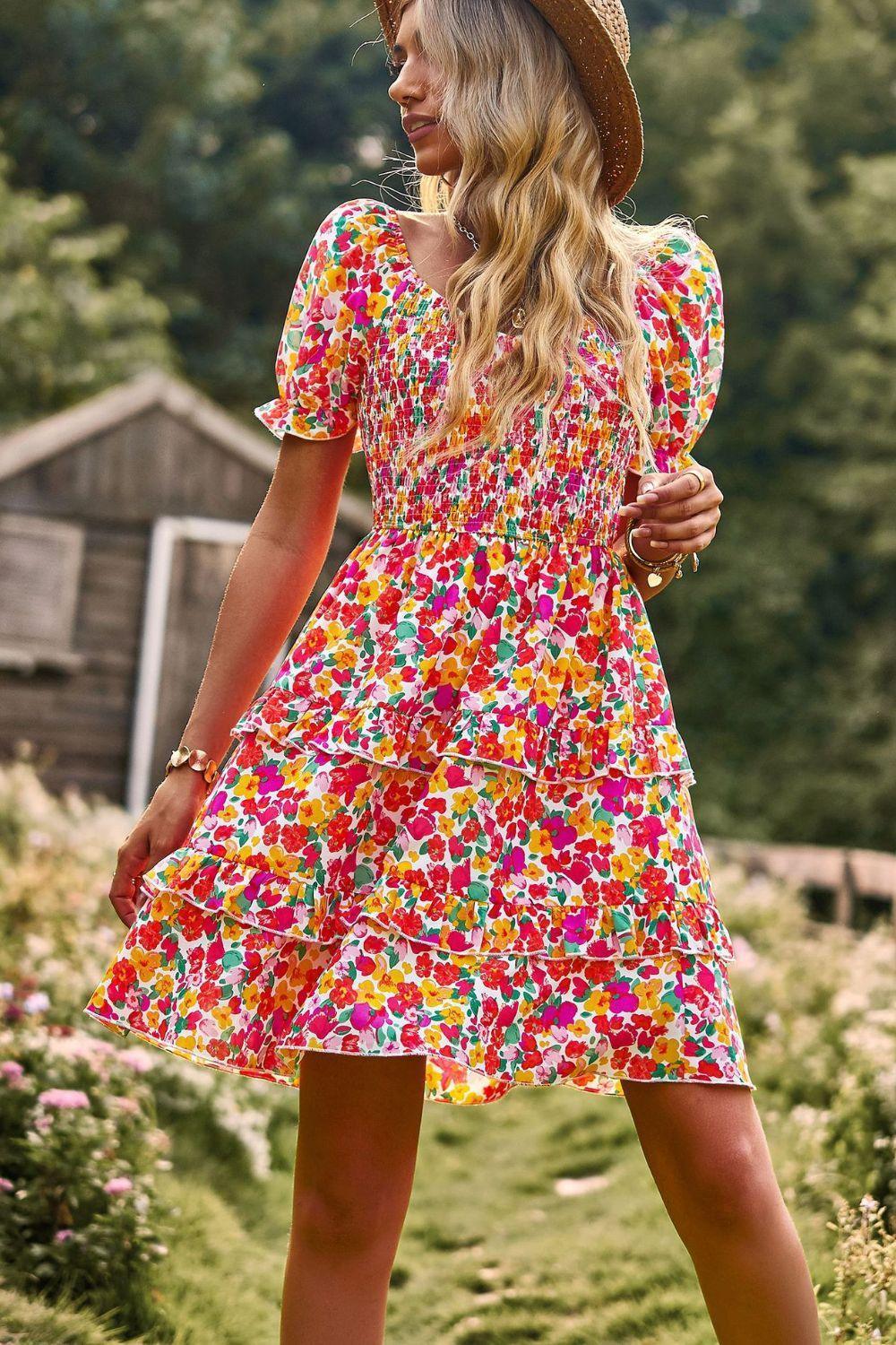 Good Days Layered Floral Smocked Mini Dress - MXSTUDIO.COM