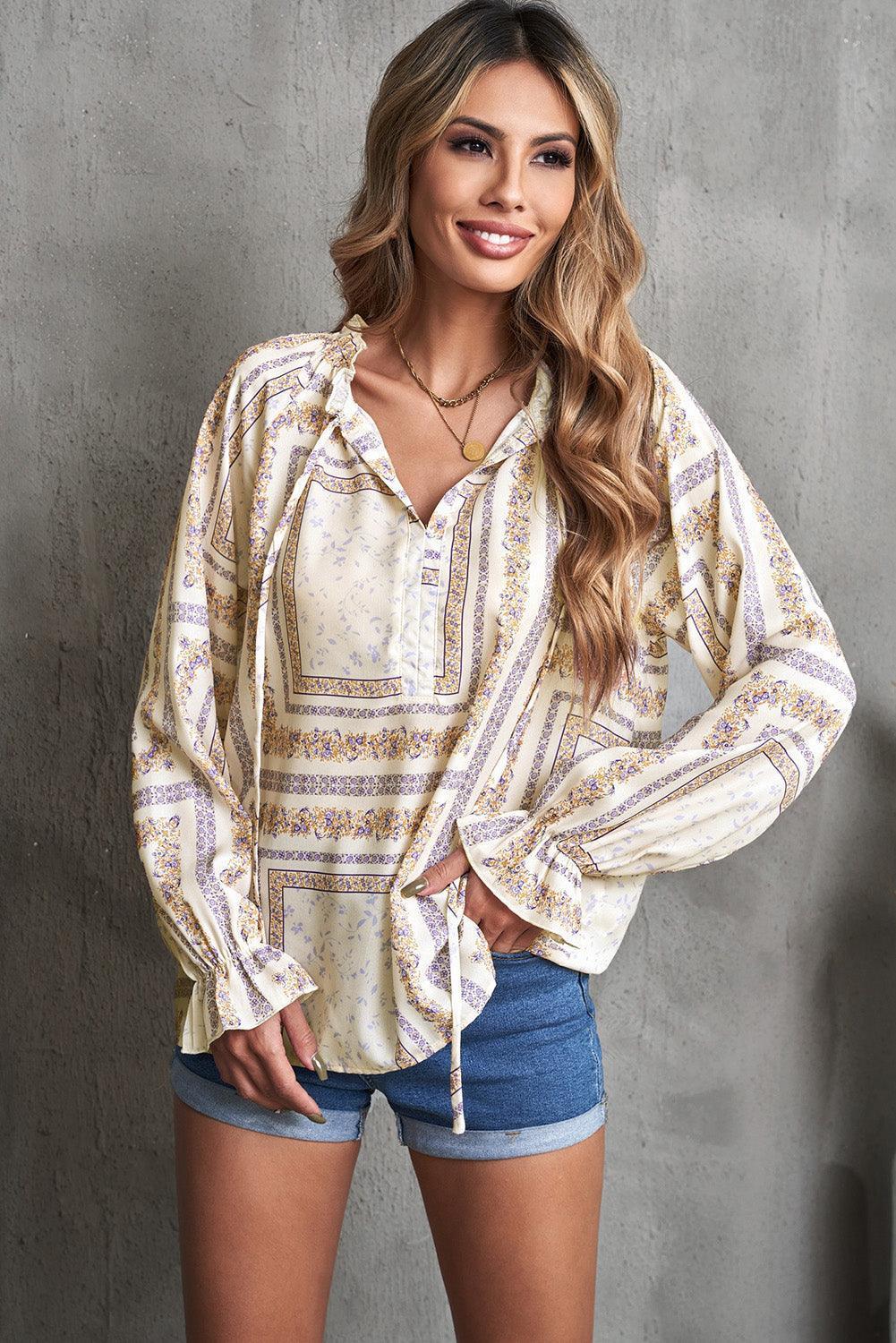 Good-Natured Printed Flounce Sleeve Blouse - MXSTUDIO.COM