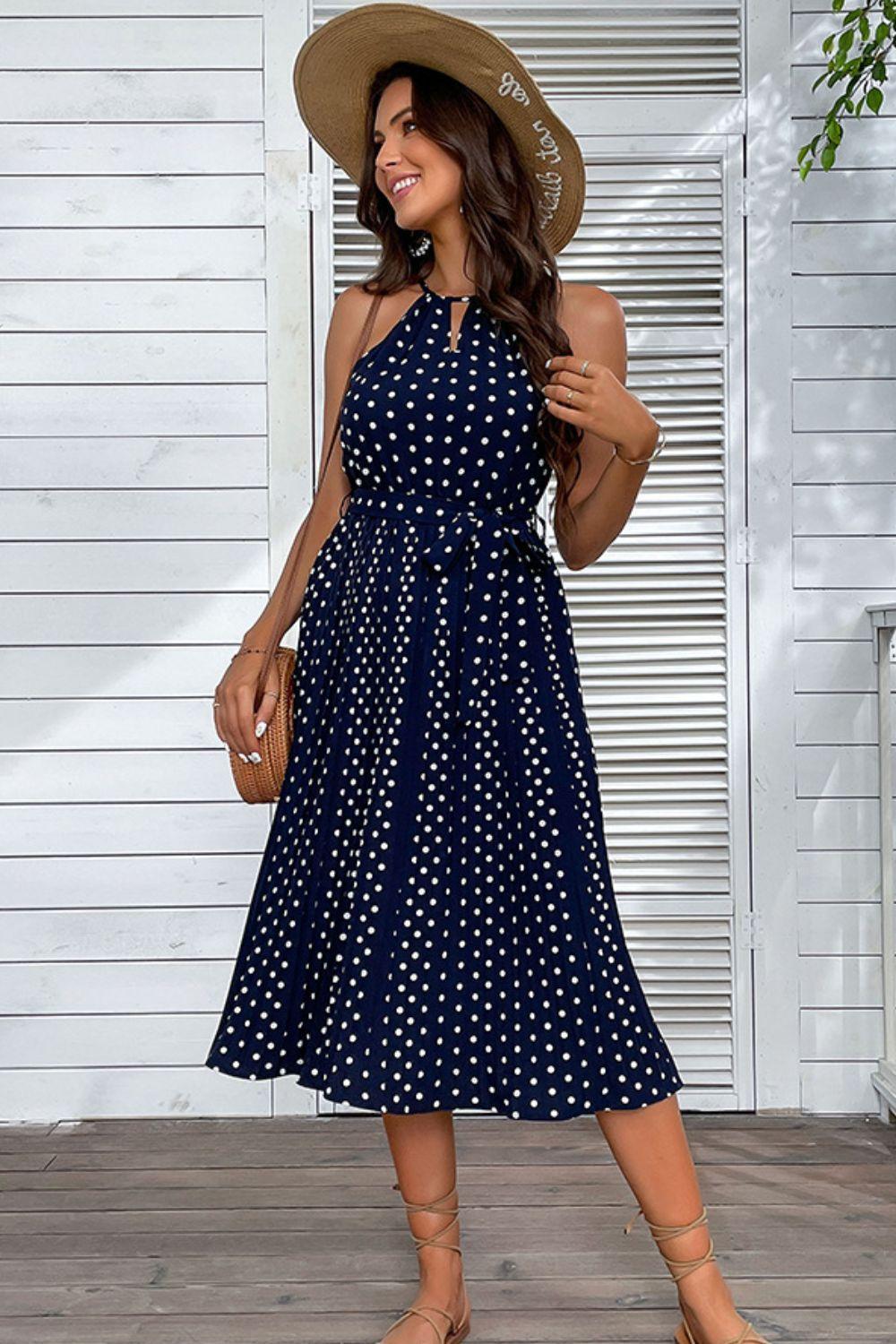 Good Vibes Polka Dot Tie-Waist Midi Dress - MXSTUDIO.COM