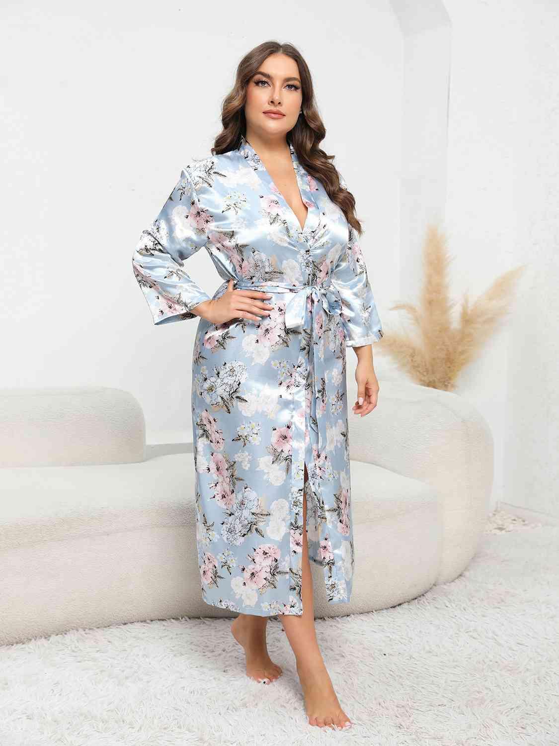 Gorgeous Tie Waist Plus Size Floral Robe - MXSTUDIO.COM