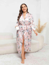 Gorgeous Tie Waist Plus Size Floral Robe - MXSTUDIO.COM