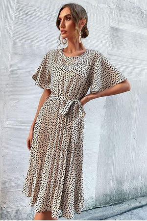 Graceful Animal Print Tie-Waist Pleated Dress - MXSTUDIO.COM