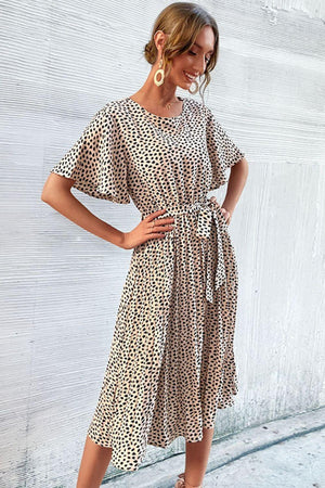 Graceful Animal Print Tie-Waist Pleated Dress - MXSTUDIO.COM