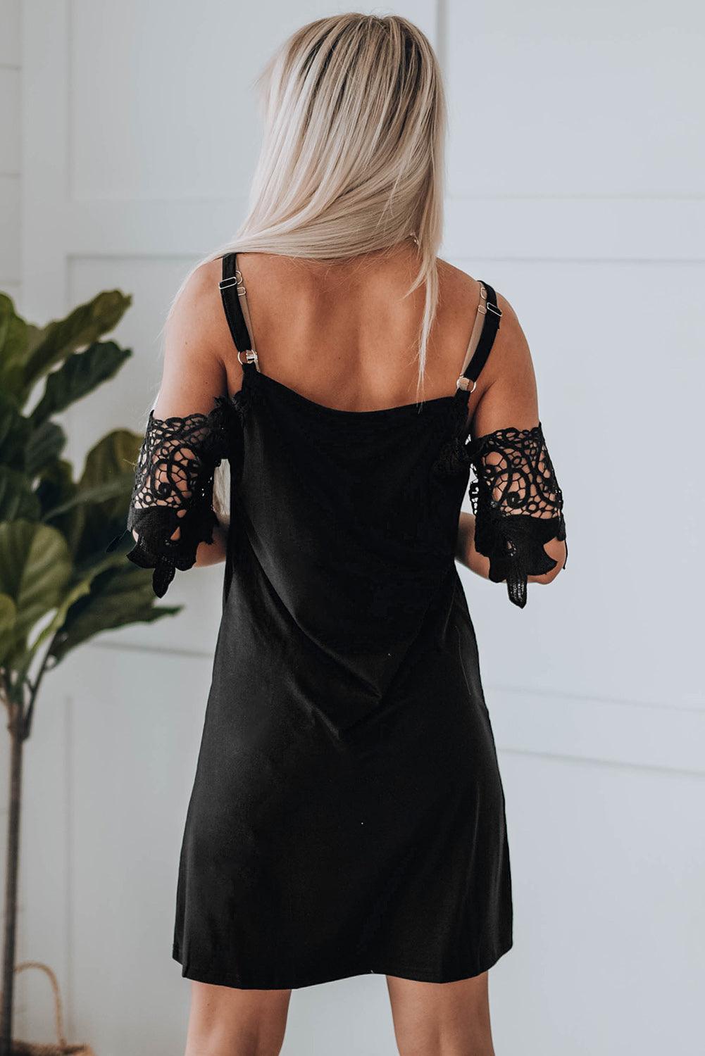 Graceful Black Lace Cold-Shoulder Mini Dress - MXSTUDIO.COM