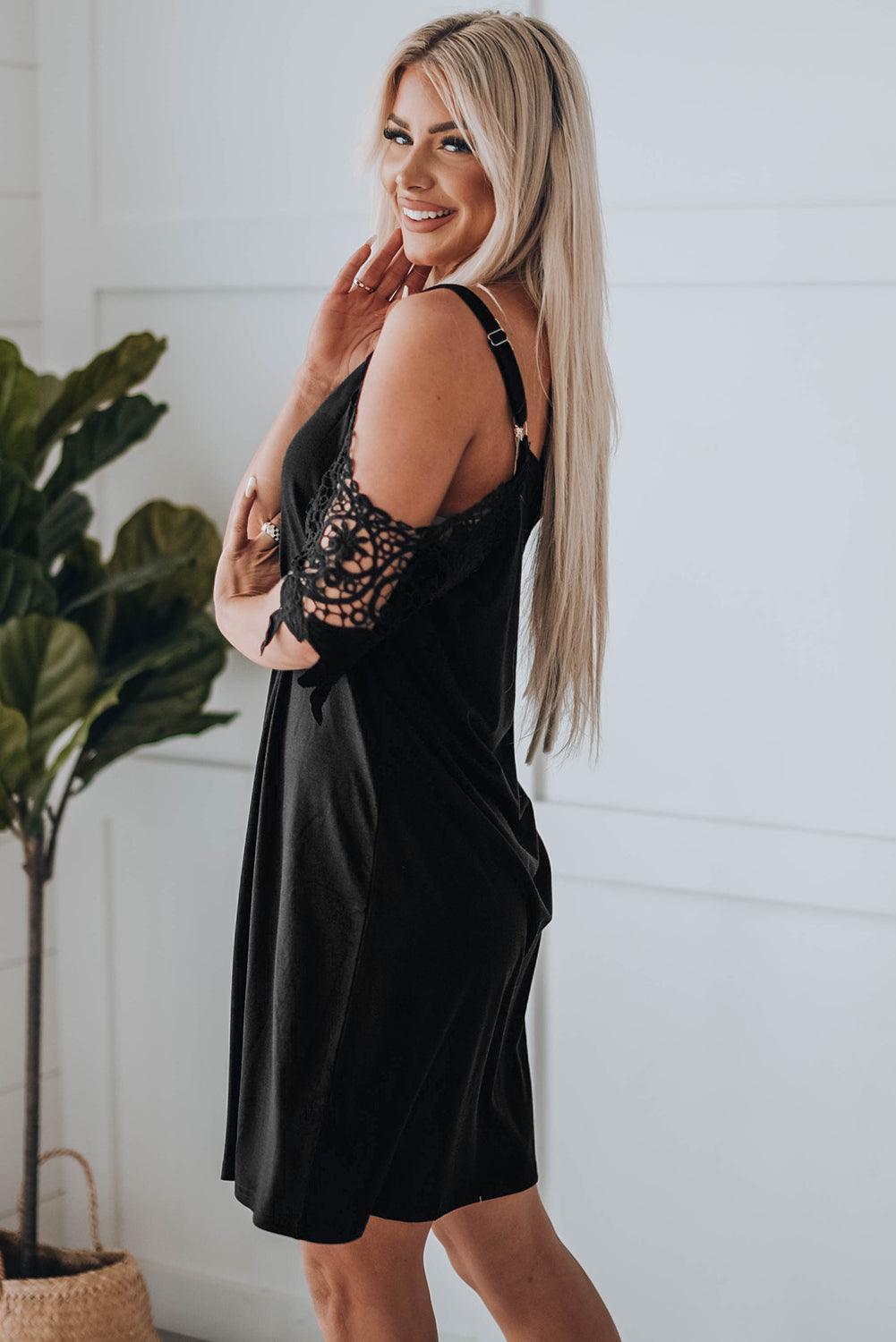 Graceful Black Lace Cold-Shoulder Mini Dress - MXSTUDIO.COM