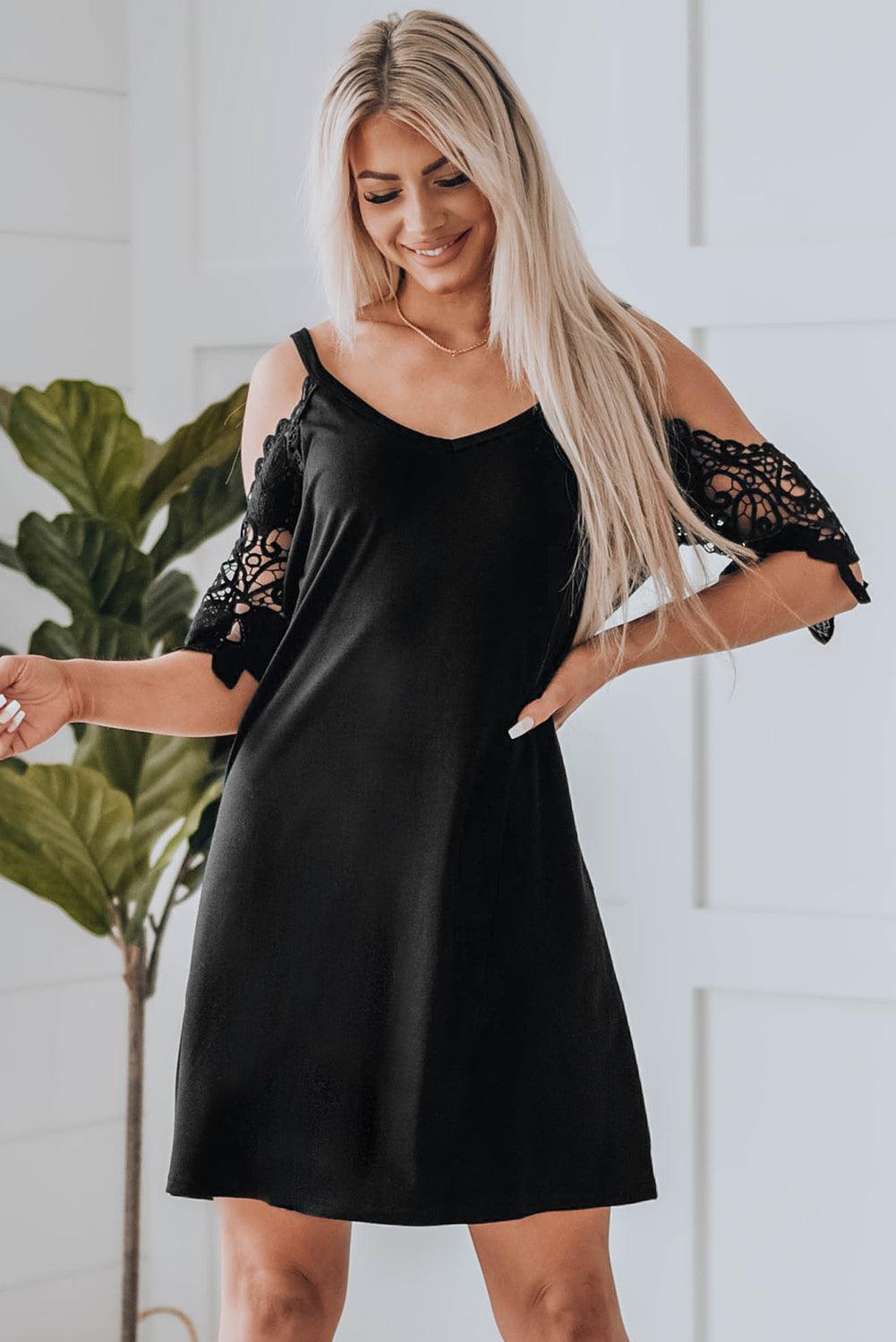 Graceful Black Lace Cold-Shoulder Mini Dress - MXSTUDIO.COM