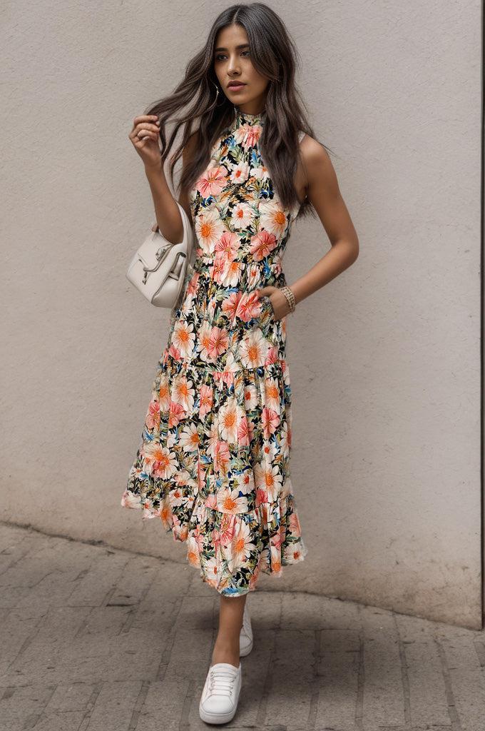 a woman in a floral dress poses for a picture