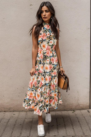 a woman in a floral dress stands against a wall