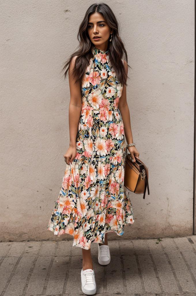 a woman in a floral dress stands against a wall