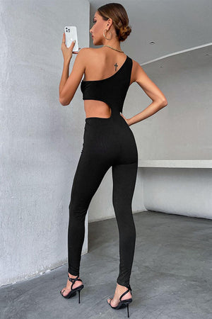 Graceful Cut Out Side Black One Shoulder Jumpsuit - MXSTUDIO.COM