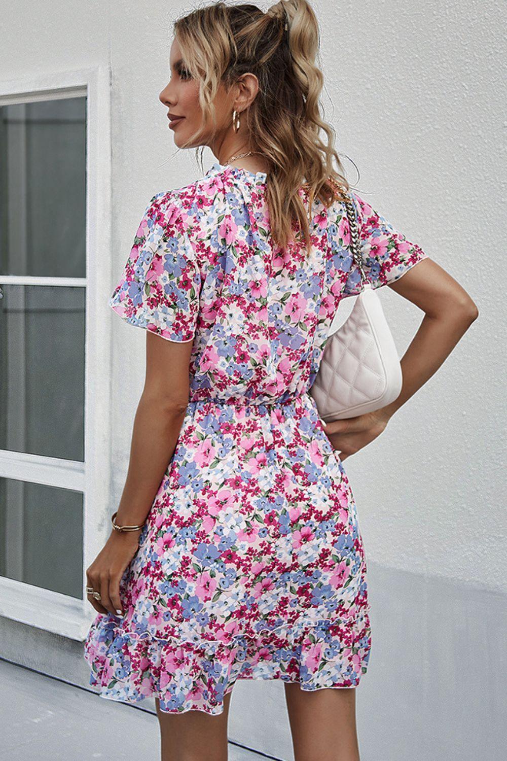 Graceful Floral Flutter Sleeve Mini Dress - MXSTUDIO.COM