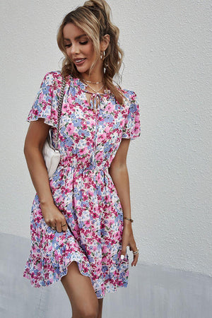 Graceful Floral Flutter Sleeve Mini Dress - MXSTUDIO.COM