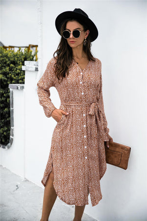 Graceful Leopard V-Neck Belted Midi Dress - MXSTUDIO.COM