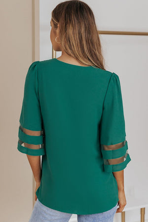 Graceful Mesh Flare Sleeve Green V Neck Blouse - MXSTUDIO.COM