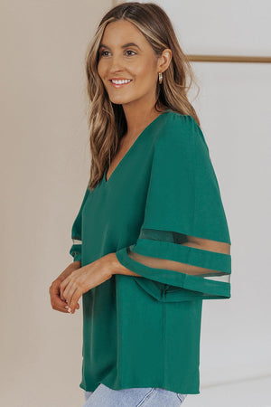 Graceful Mesh Flare Sleeve Green V Neck Blouse - MXSTUDIO.COM