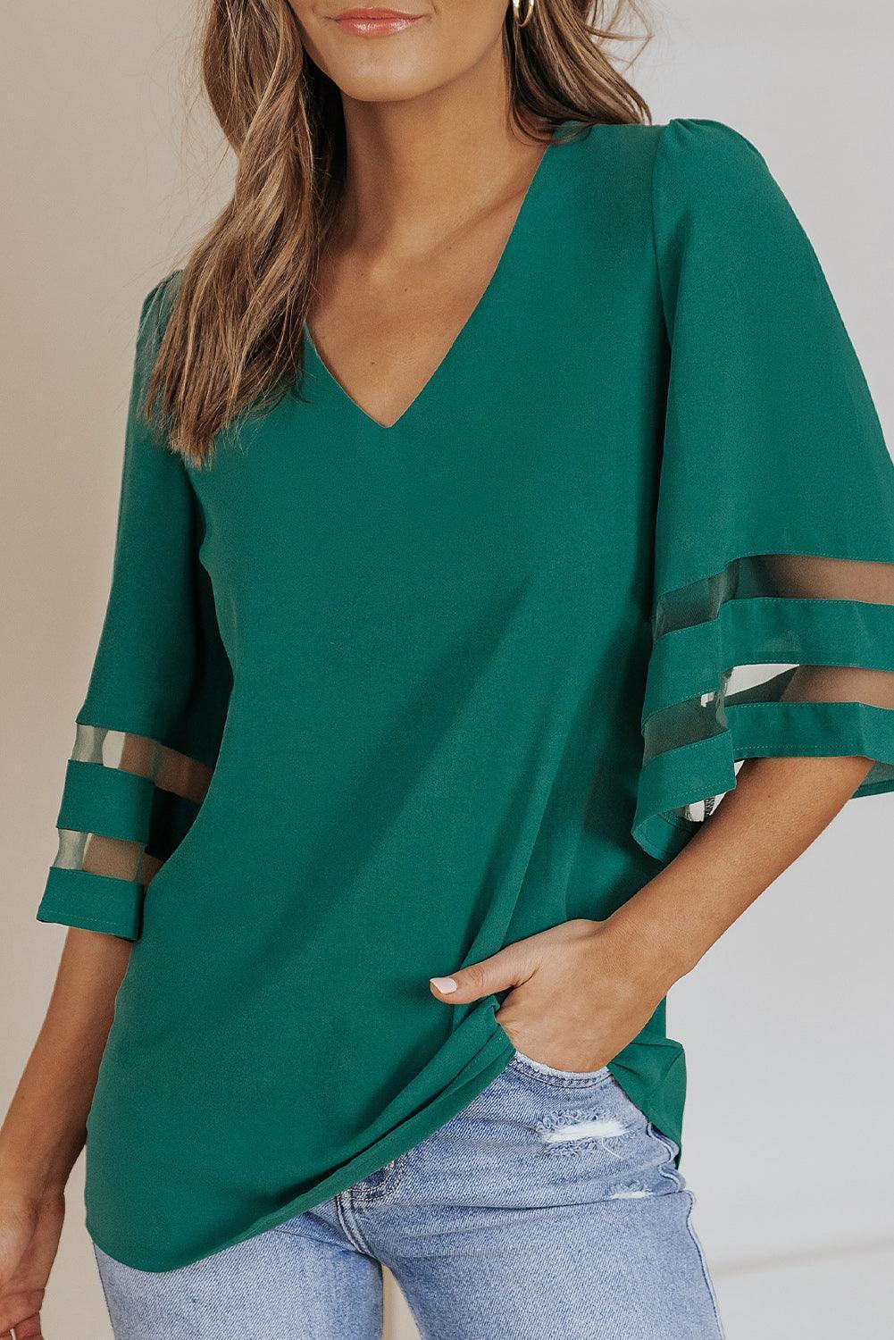 Graceful Mesh Flare Sleeve Green V Neck Blouse - MXSTUDIO.COM