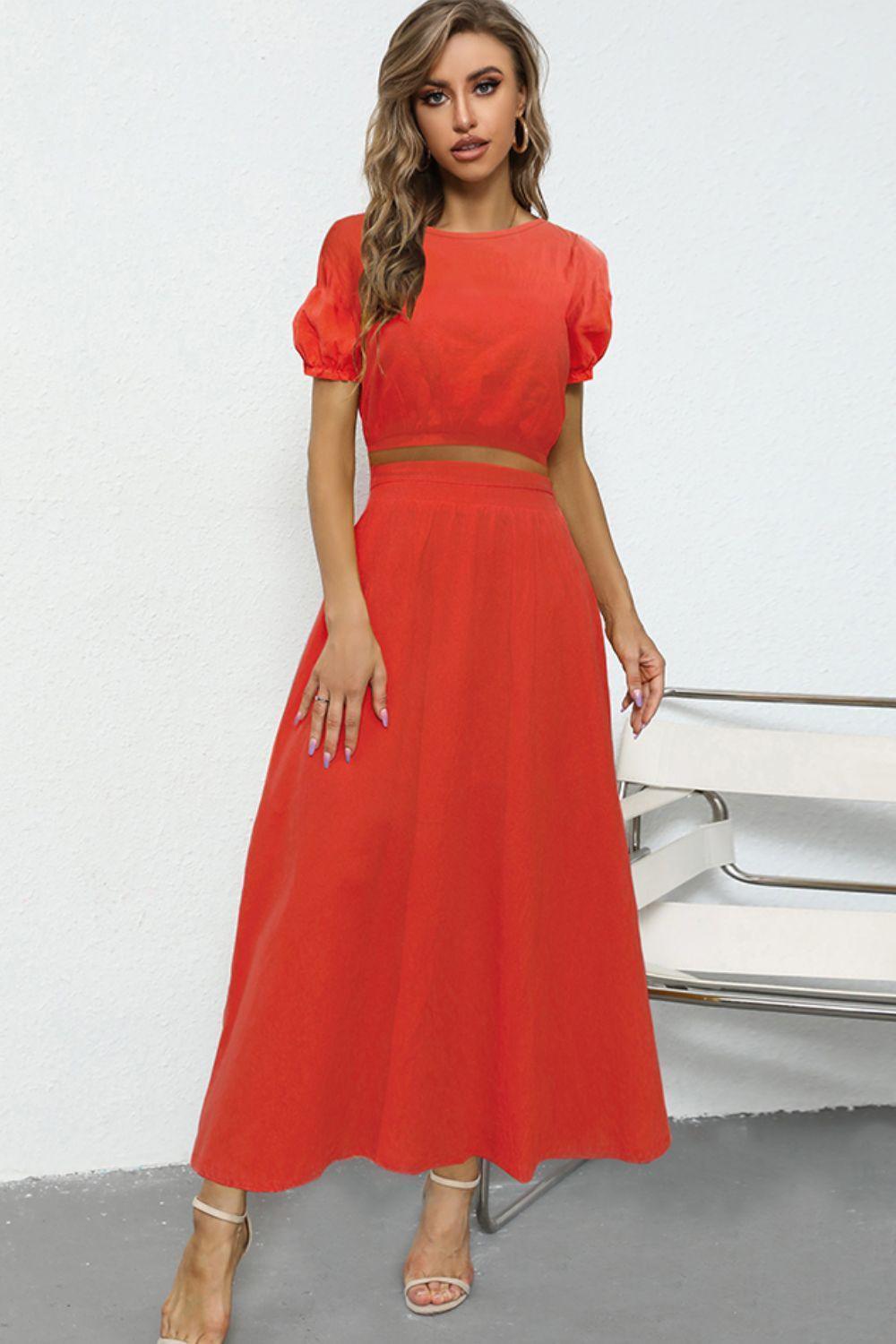 Graceful Puff Sleeve Crop Top And Maxi Skirt Set - MXSTUDIO.COM