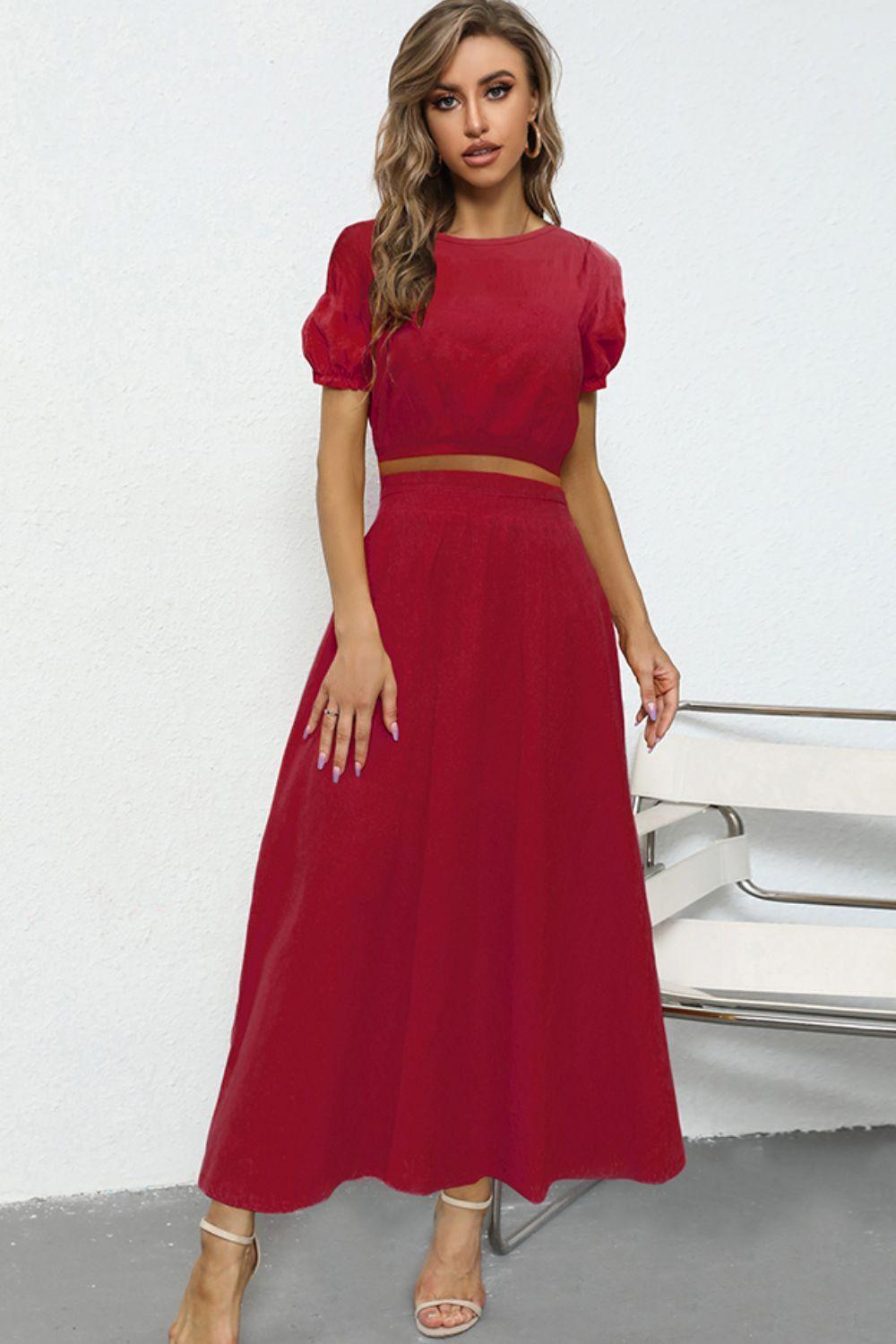 Graceful Puff Sleeve Crop Top And Maxi Skirt Set - MXSTUDIO.COM