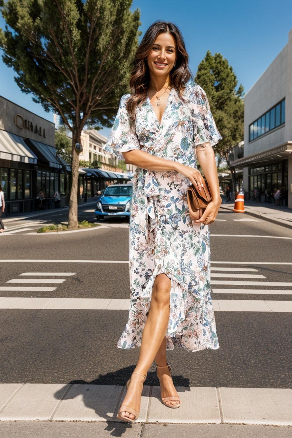 a woman in a floral dress crossing the street