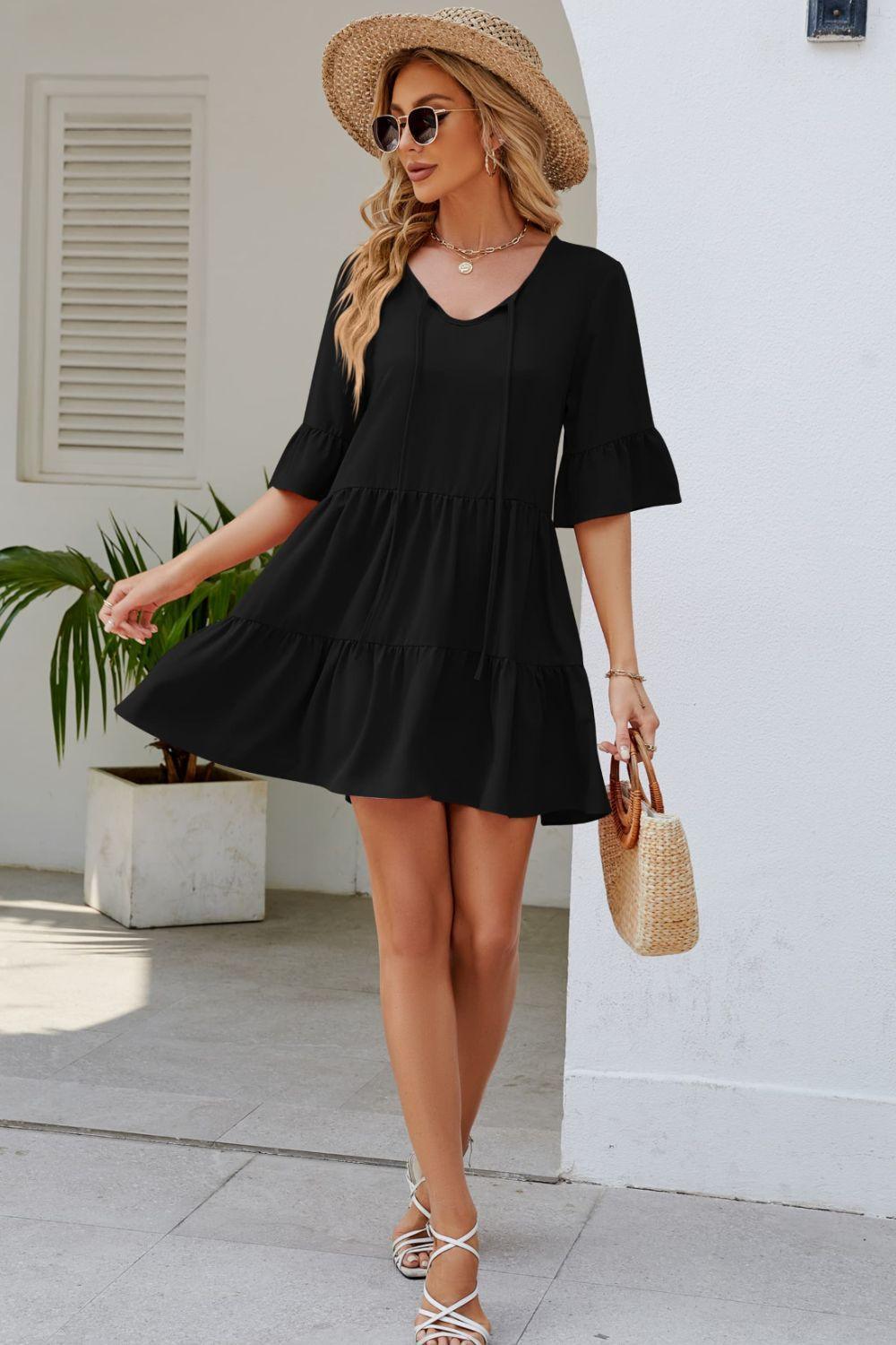 Graceful Sunday Half Sleeve Tiered Mini Dress - MXSTUDIO.COM