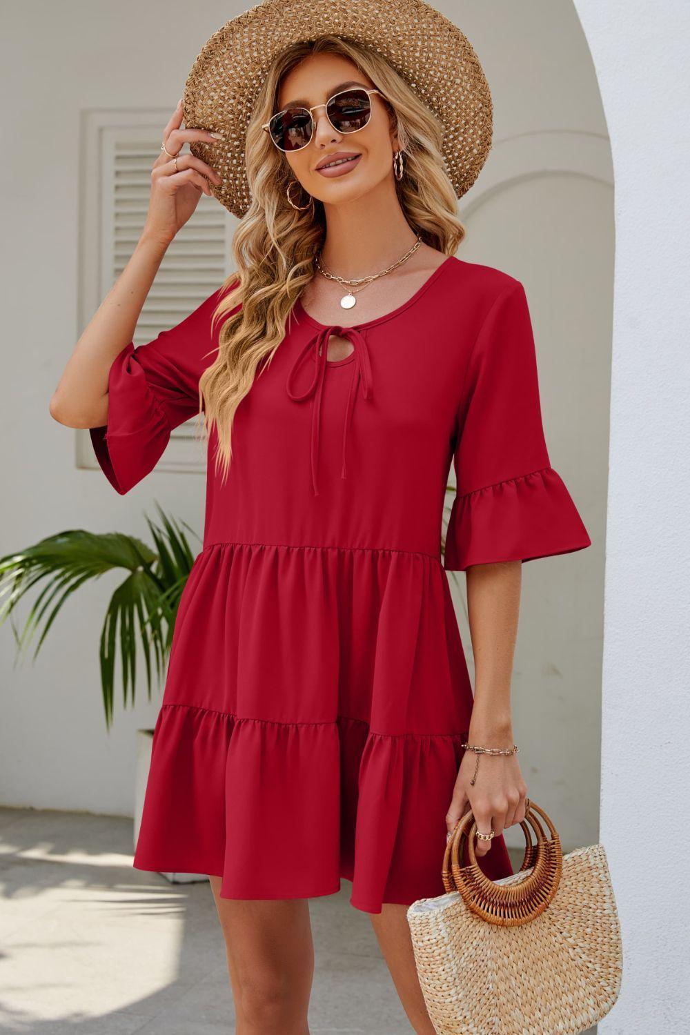 Graceful Sunday Half Sleeve Tiered Mini Dress - MXSTUDIO.COM