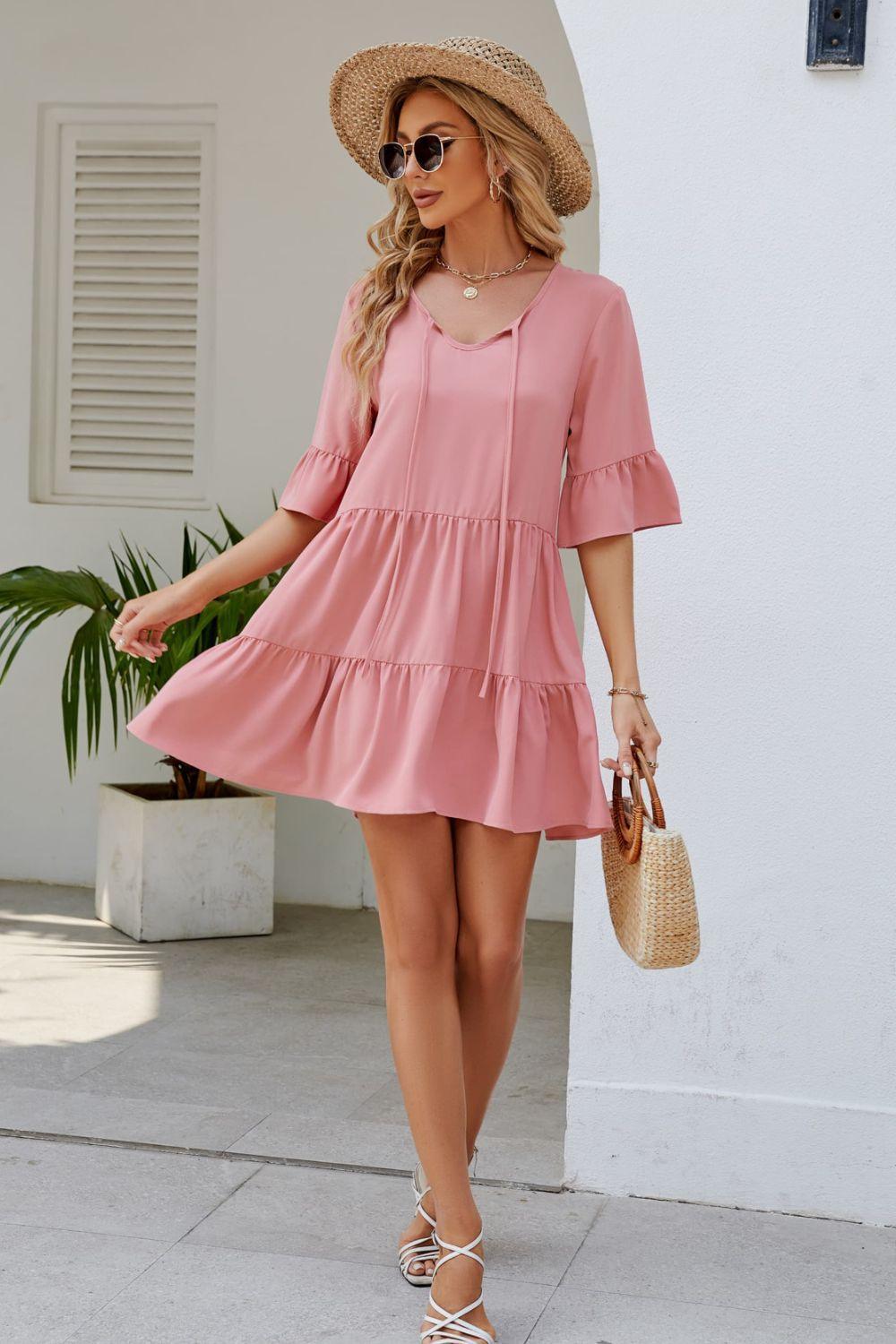 Graceful Sunday Half Sleeve Tiered Mini Dress - MXSTUDIO.COM