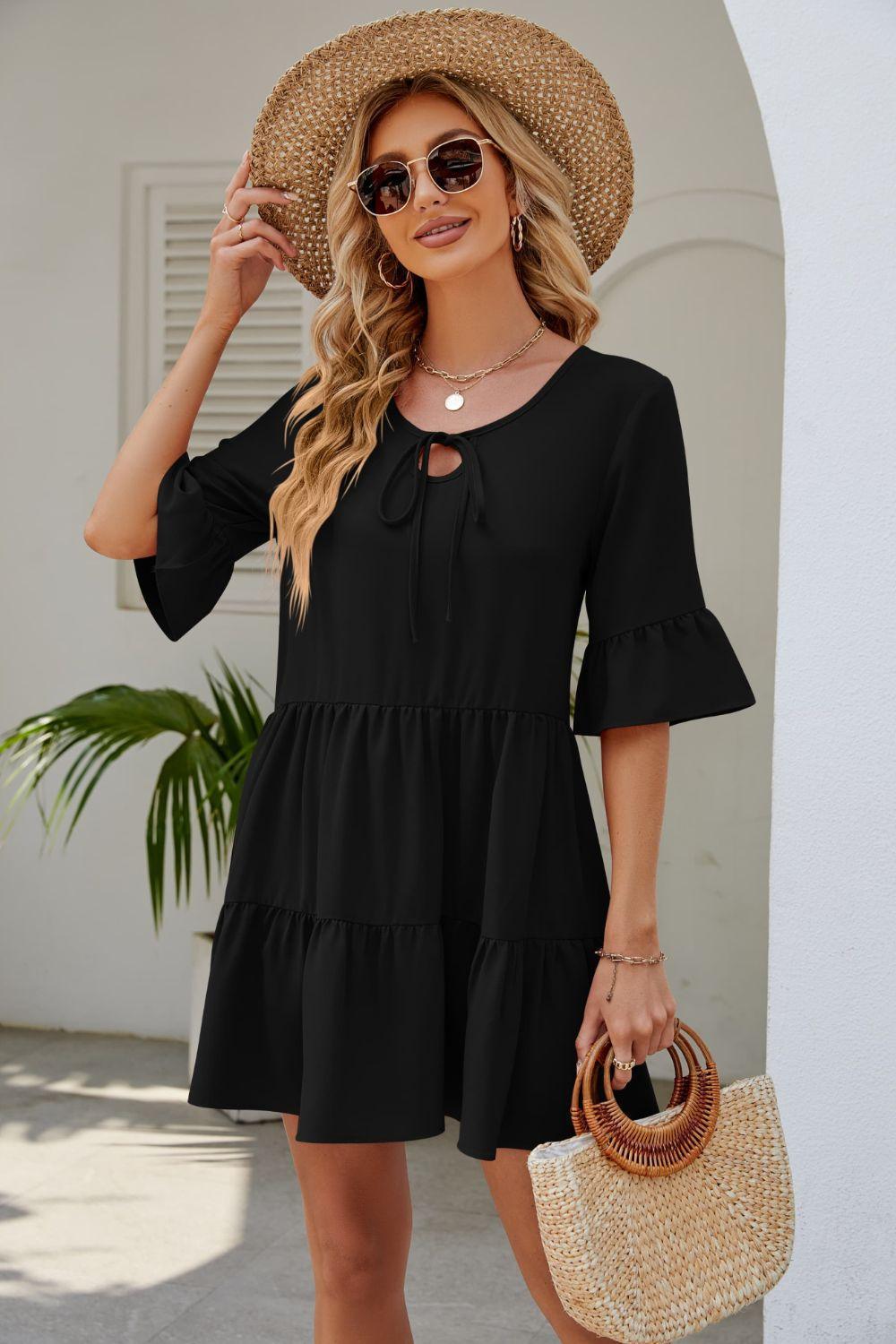 Graceful Sunday Half Sleeve Tiered Mini Dress - MXSTUDIO.COM