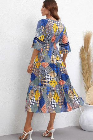 Graceful V Neck Patchwork Midi Dress - MXSTUDIO.COM