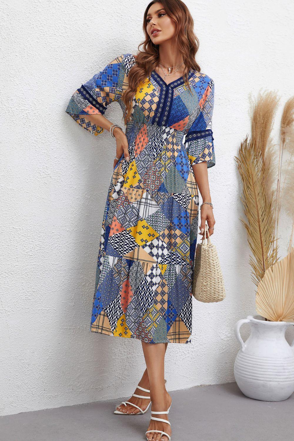 Graceful V Neck Patchwork Midi Dress - MXSTUDIO.COM